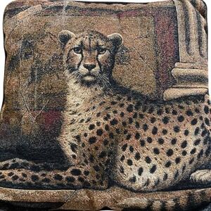 Tapestry Vintage Throw Pillow Cheetah Accent Woven Decorator Trim Cushion 14.5"